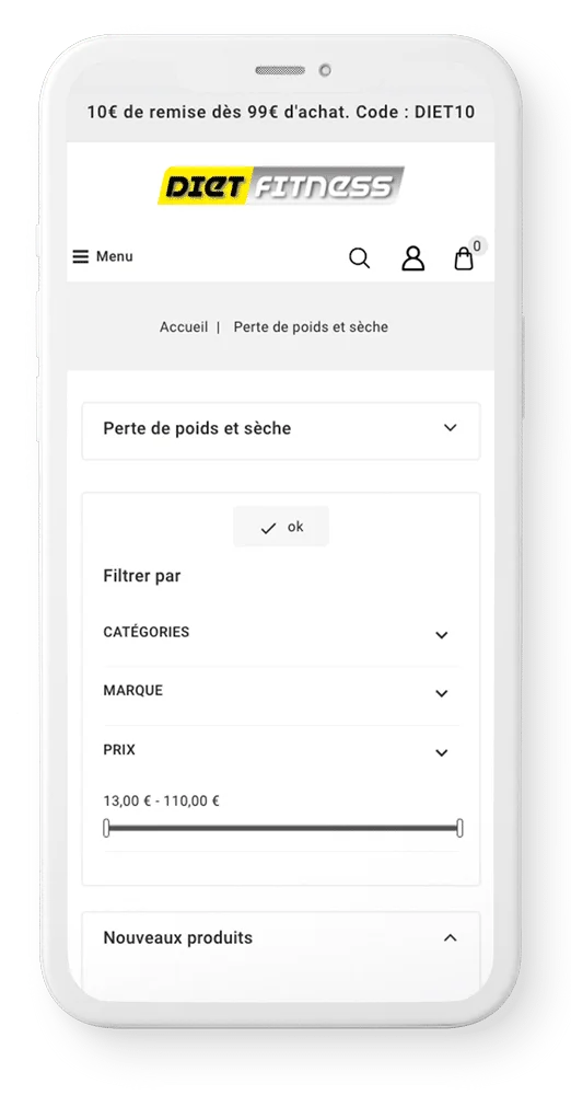 Filtres de recherche site de nutrition sportive Dietfitness, agence web Powerd Caen