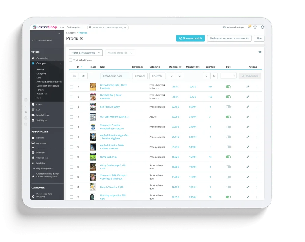 Créer site de nutrition sportive sur Prestashop, CMS gratuit, agence web caen